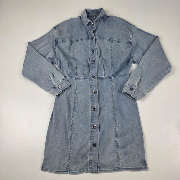 Free People Denim Dress Womens 8 Light Wash Button Front Long Sleeve Shirtdress - Picture 1 of 16